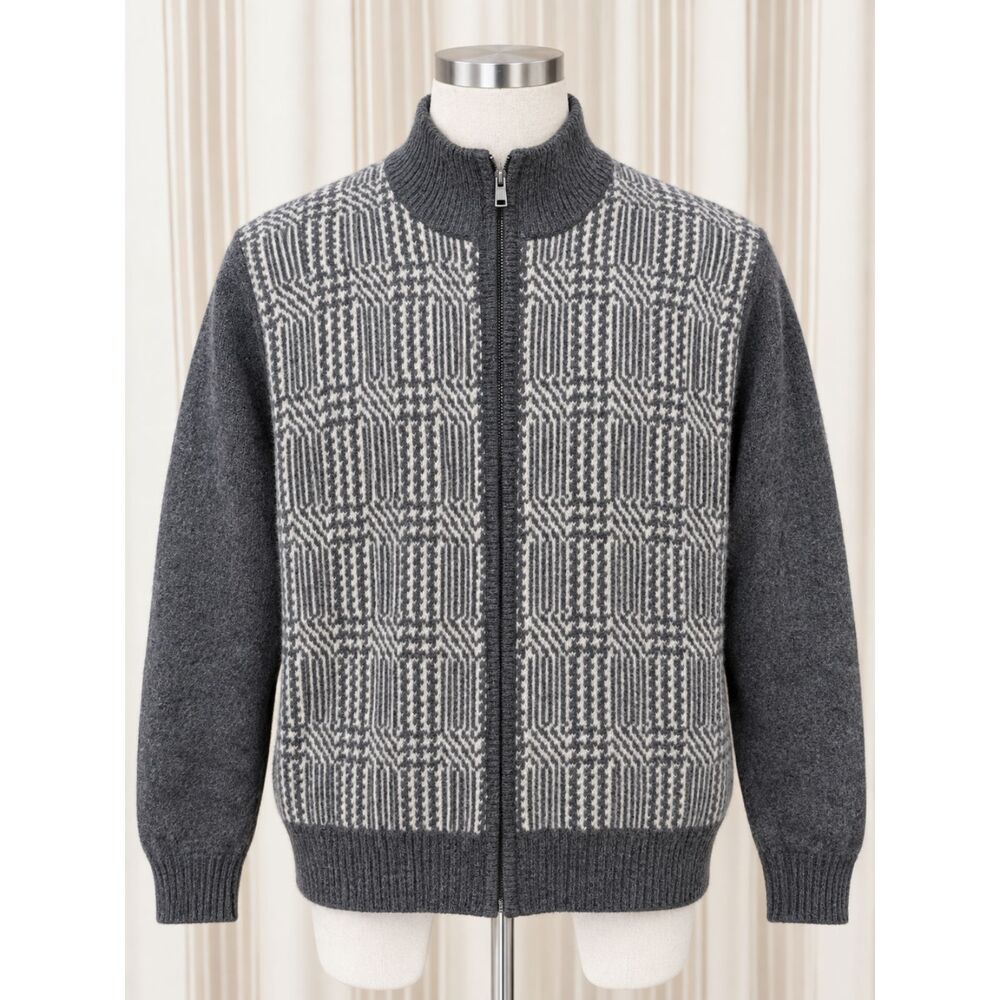 Men’s Wool Zip Sweater Large Gray Geometric Grandpa Cardigan 170